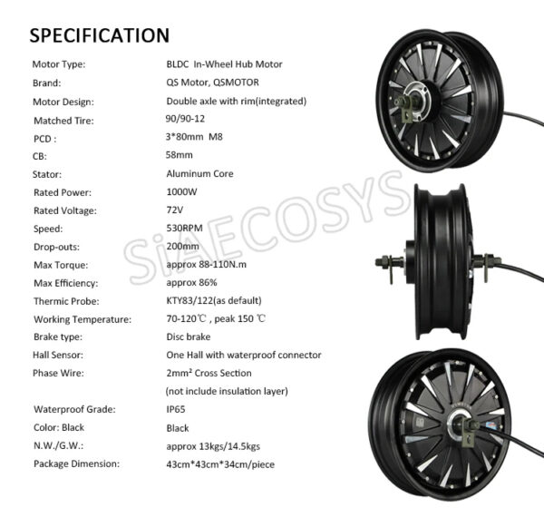 SiAECOSYS QS MOTOR 12inch 1000W 72V 45kph Hub Motor with EM30SP Controller and Kits for Scooter - Image 9