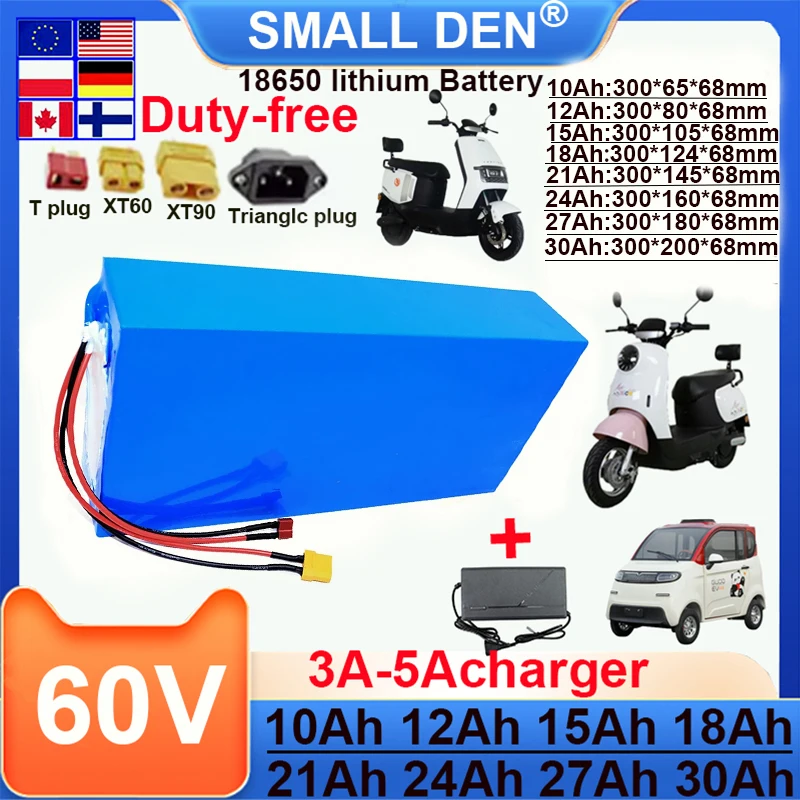 60V 10Ah12Ah 15Ah 18Ah 21Ah 24Ah 27Ah 30Ah 18650 or 21700 Lithium Battery Pack 2500W Power Built in BMS Electric Motorcycle Tricycle