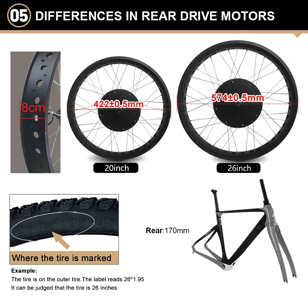72V5000W 20/24/26x4.0" Electric Fat Bike Conversion Kit Dropout 170mm Brushless Non-gear Rear Hub Motor Wheel For eBike kit - Image 6