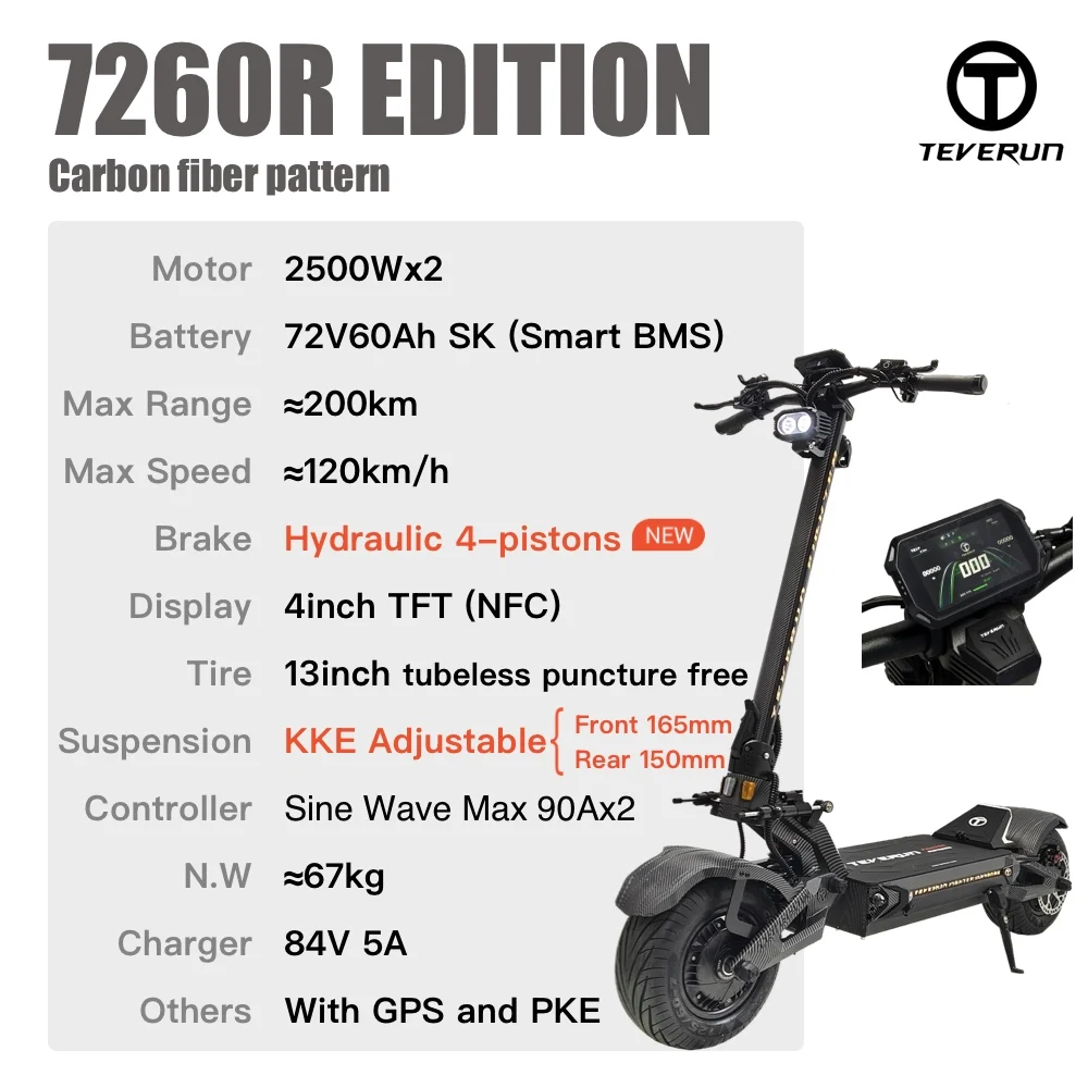 IN Stock 2025 TEVERUN Fighter Supreme+ 7260R V4 2500W*2 Dual Motor 72V 60Ah Battery 4inch Display 4-Pistons Hydraulic Brake - Image 7
