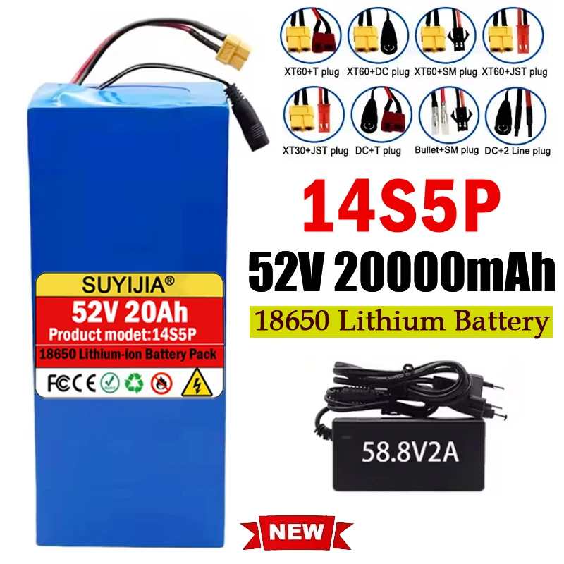New 52V 20Ah 14S5P Electric Scooter Battery 18650 Lithium Battery Pack with High Power BMS for Electric Scooters Mountain Bikes